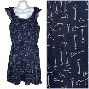 Banana Republic Dress Key Pattern Navy Ruffle Button Up Pockets Tie Belt Size 6